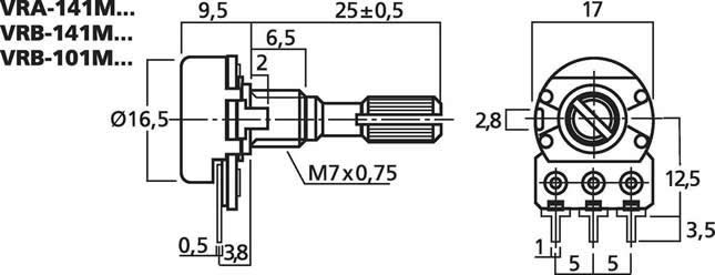 Monacor potentiometer VRA141M50 dimension diagram (approx.) 