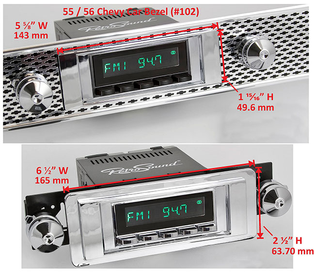RetroSound Faceplate Bezel Chrome #102. Dimensions are approximate; knobs, accessories and radio not included.