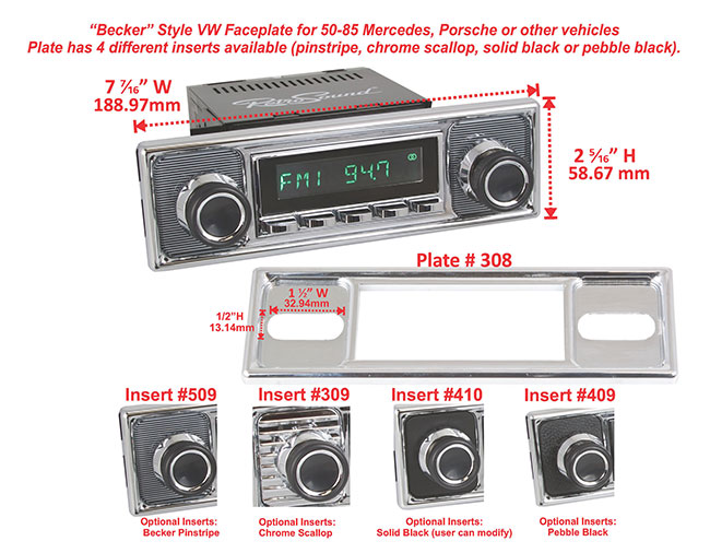 RetroSound Faceplate Bezel Chrome #308 showing optional inserts, select above. Dimensions are approximate; knobs, accessories and radio not included.