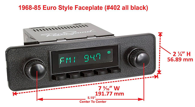 RetroSound Faceplate Bezel Black #402. Dimensions are approximate; knobs, accessories and radio not included.
