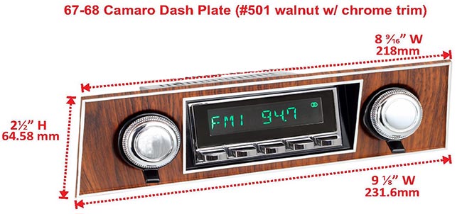 RetroSound Faceplate Bezel Vertical Grain Walnut Look with Chrome Trim #501. Dimensions are approximate; knobs, accessories and radio not included.