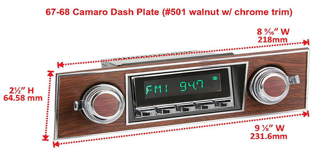 RetroSound Faceplate Bezel Horizontal Walnut Look with Chrome Trim #501H. Dimensions are approximate; knobs, accessories and radio not included.