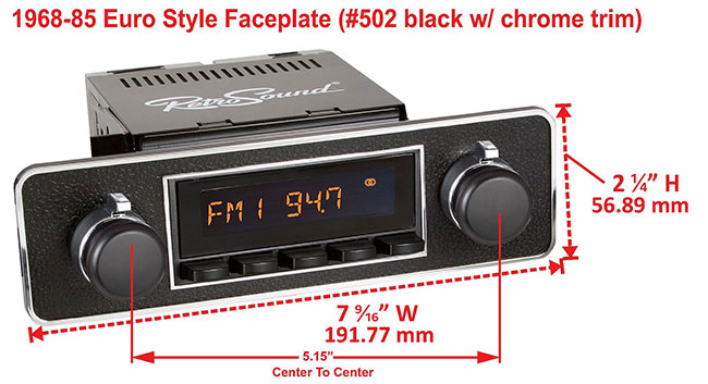 RetroSound Faceplate Bezel Black and Chrome #502. Dimensions are approximate; knobs, accessories and radio not included.