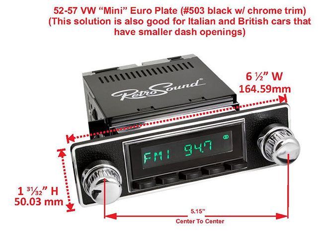 RetroSound Faceplate Bezel Black and Chrome #503. Dimensions are approximate; knobs, accessories and radio not included.