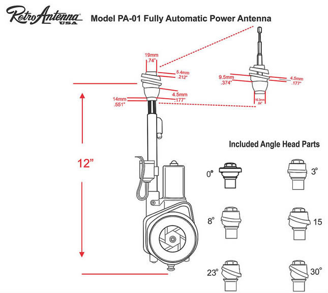 RetroSound PA01 electric aerial - dimensions and included mounting heads. 