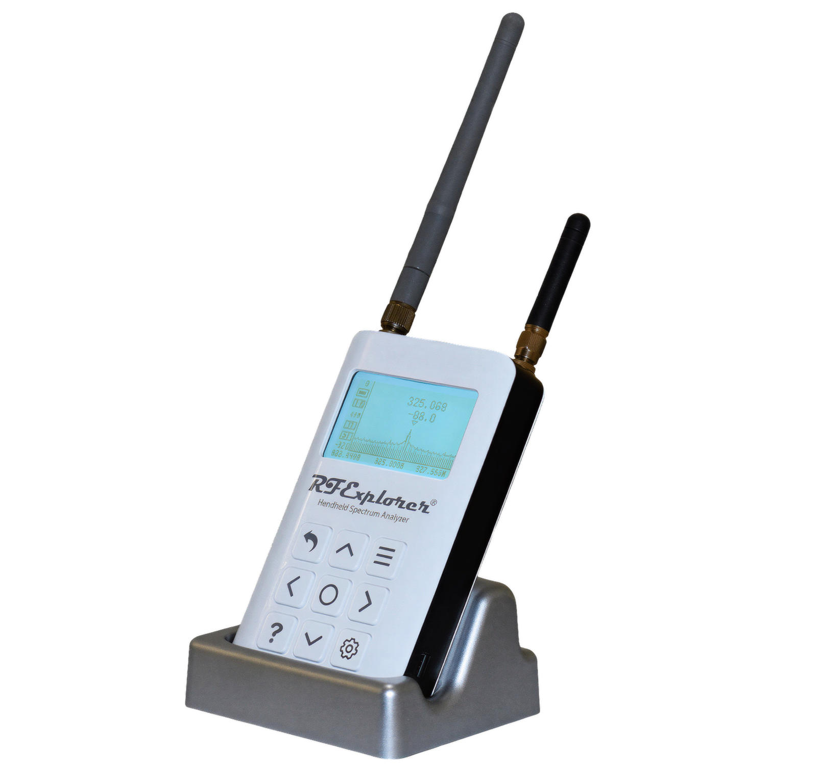 RF Explorer Slim Stand shown in use. RF Explorer not included.