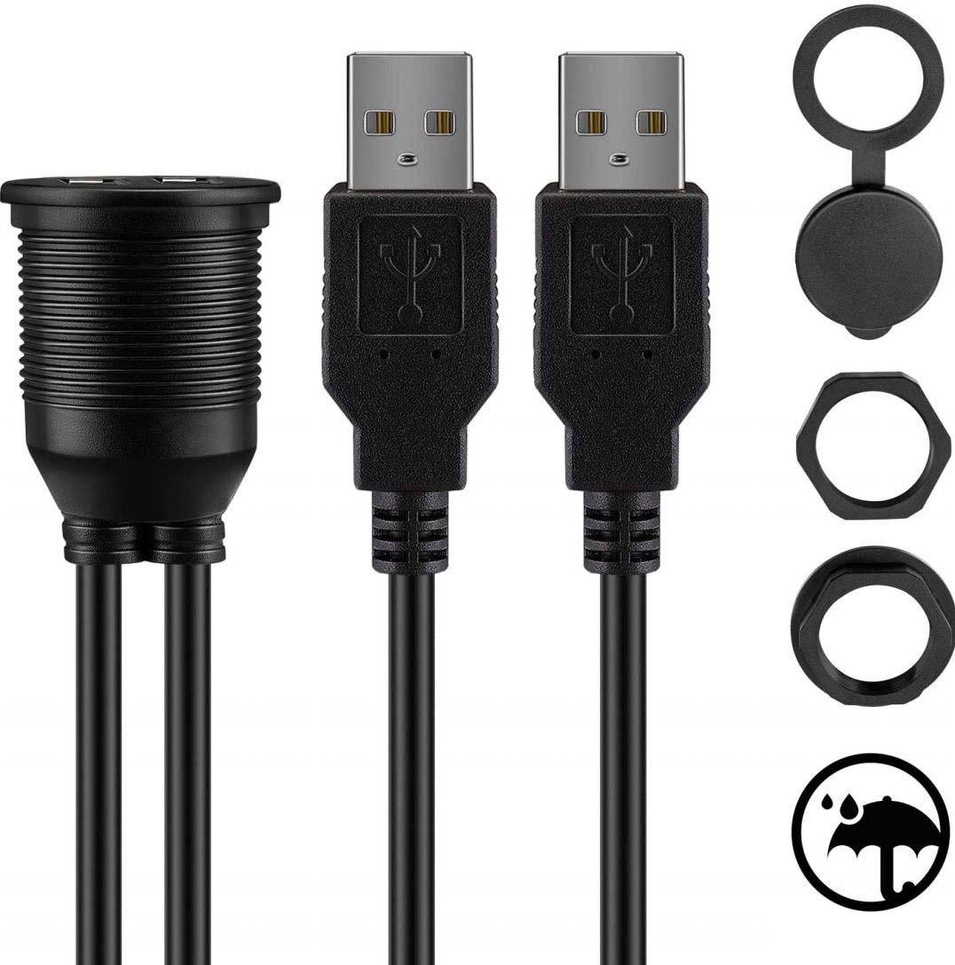 Dual USB cable set and parts - note weather resistance is only at the female end with the cover on. 
