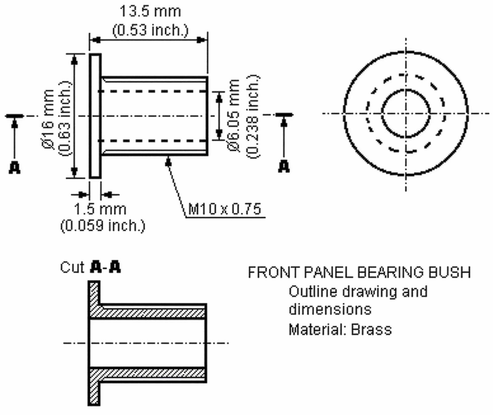 Front Panel Bearing Bush: outline drawing and dimensions.