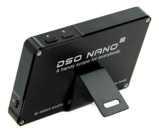DSO Nano V3 digital storage oscilloscope rear view with stand.