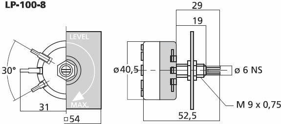 Monacor L-Pad level control LP100/8 - dimensions. 