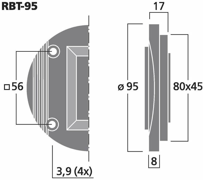  Monacor RBT95 technical and dimension diagram.