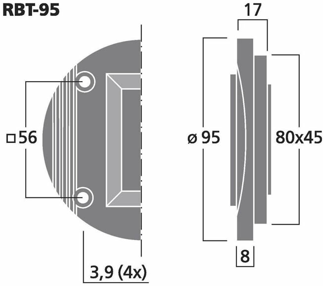 Monacor RBT95 technical and dimension diagram.