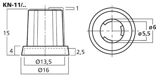 Monacor KN11WS black and white knob dimensions (approx.)
