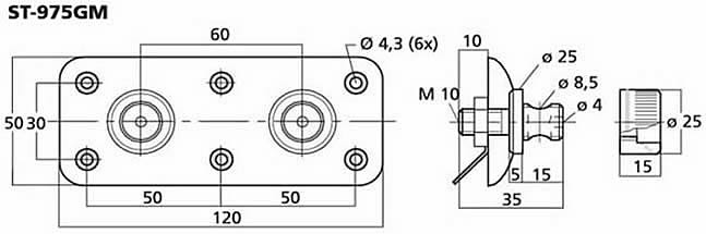 Monacor ST975GM bindong post terminal dimensions (approx.)