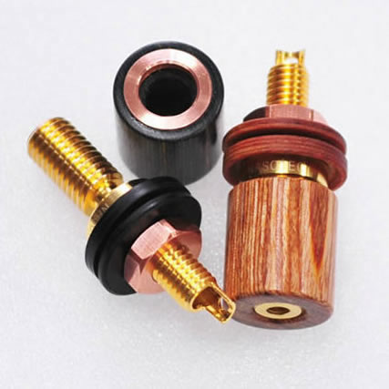 Namoo loudspeaker binding posts, one shown unscrewed.