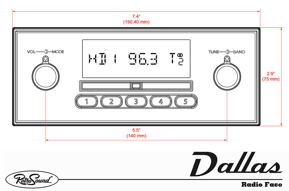 RetroSound Dallas Face Dimensions (approx.)