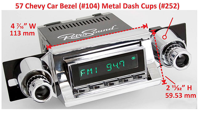 RetroSound Faceplate Bezel Chrome #104. Dimensions are approximate; knobs, accessories and radio not included.