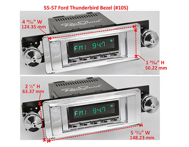 RetroSound Faceplate Bezel Chrome #105. Dimensions are approximate; knobs, accessories and radio not included.