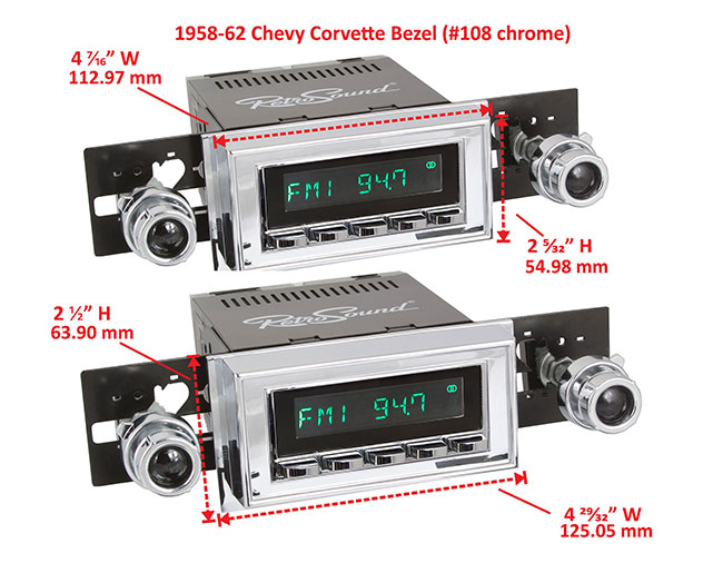 RetroSound Faceplate Bezel Chrome #108. Dimensions are approximate; knobs, accessories and radio not included.