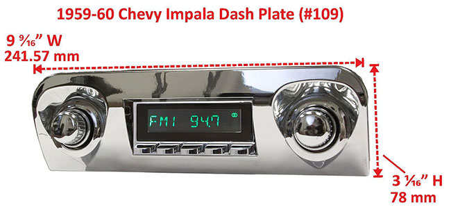 RetroSound Faceplate Bezel Chrome #109. Dimensions are approximate; knobs, accessories and radio not included.