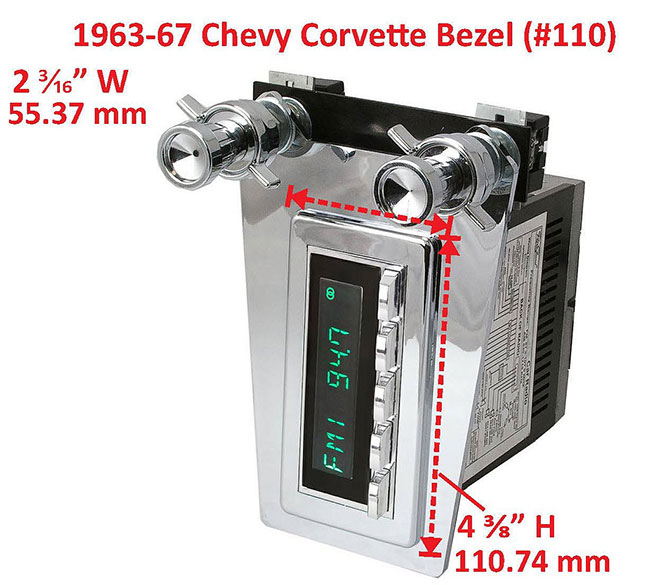 RetroSound Faceplate Bezel Chrome #110. Dimensions are approximate; knobs, accessories and radio not included.
