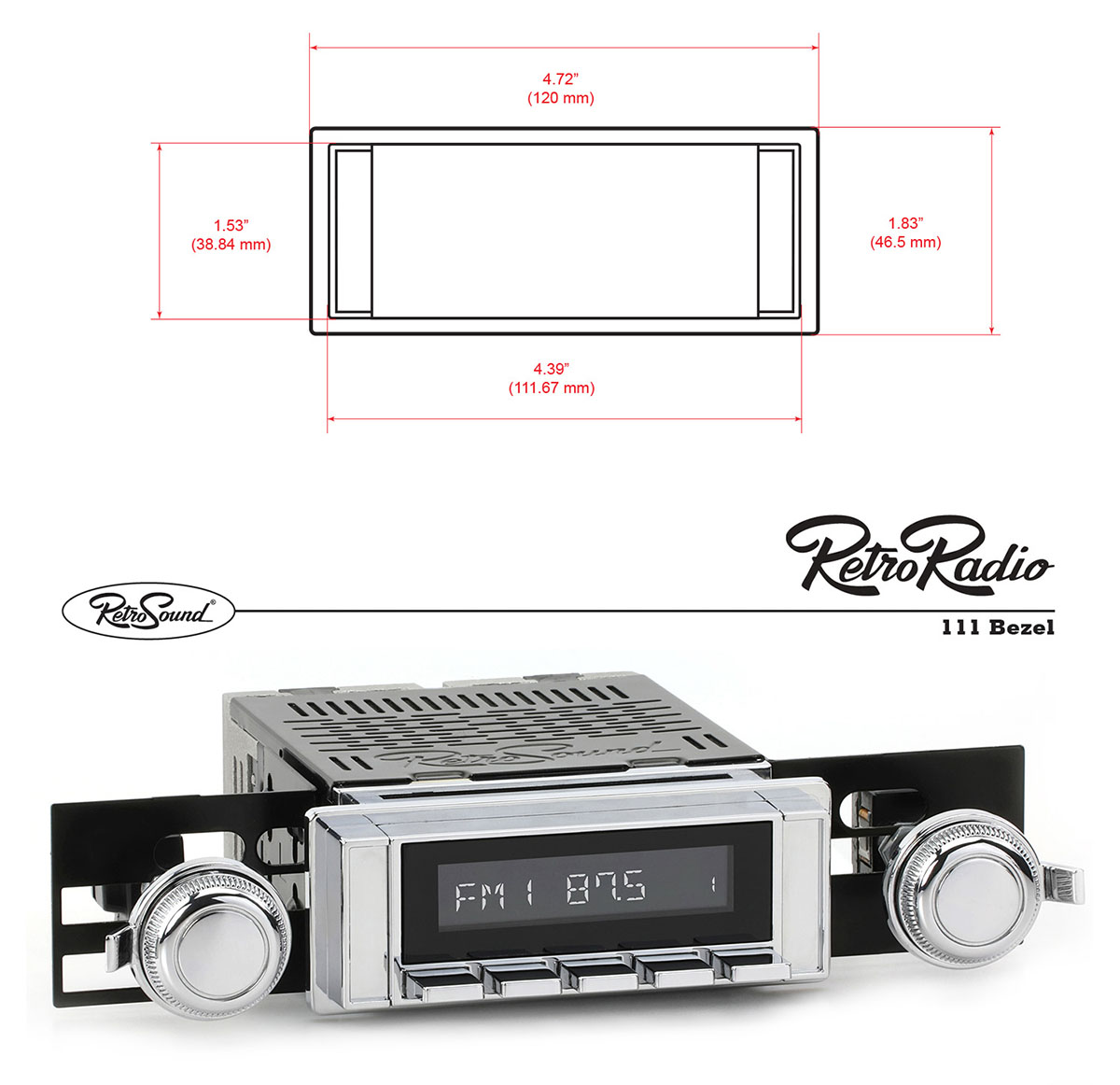 RetroSound Faceplate Bezel Chrome #111. Dimensions are approximate; knobs, accessories and radio not included.