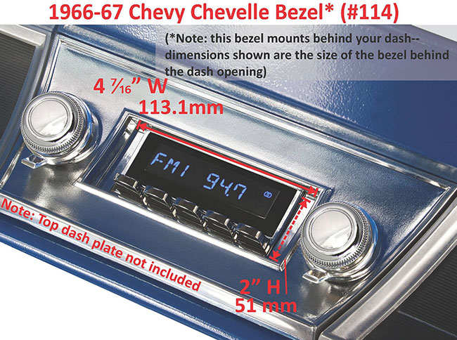 RetroSound Faceplate Bezel Chrome #114. Dimensions are approximate; knobs, accessories and radio not included.