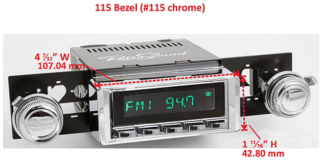 RetroSound Faceplate Bezel Chrome #115. Dimensions are approximate; knobs, accessories and radio not included.