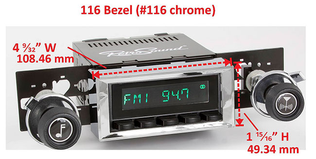 RetroSound Faceplate Bezel Chrome #116. Dimensions are approximate; knobs, accessories and radio not included.