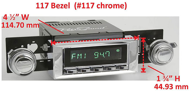 RetroSound Faceplate Bezel Chrome #117. Dimensions are approximate; knobs, accessories and radio not included.