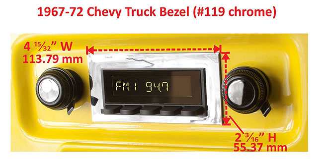 RetroSound Faceplate Bezel Chrome #119. Dimensions are approximate; knobs, accessories and radio not included.