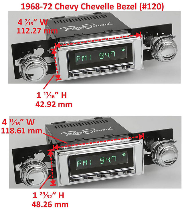 RetroSound Faceplate Bezel Chrome #120. Dimensions are approximate; knobs, accessories and radio not included.