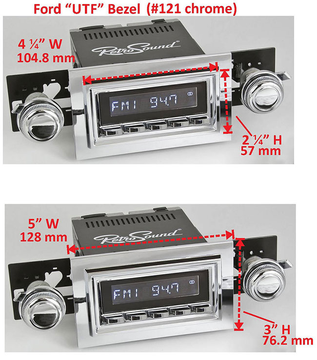 RetroSound Faceplate Bezel Chrome #121. Dimensions are approximate; knobs, accessories and radio not included.