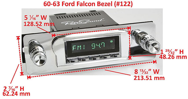 RetroSound Faceplate Bezel Chrome #122. Dimensions are approximate; knobs, accessories and radio not included.