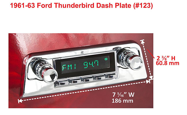 RetroSound Faceplate Bezel Chrome #123. Dimensions are approximate; knobs, accessories and radio not included.