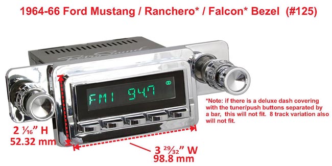 RetroSound Faceplate Bezel Chrome #125. Dimensions are approximate; knobs, accessories and radio not included.