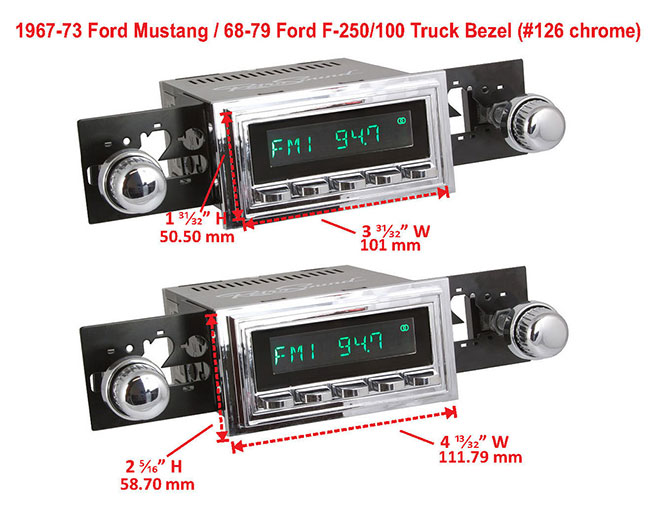 RetroSound Faceplate Bezel Chrome #126. Dimensions are approximate; knobs, accessories and radio not included.