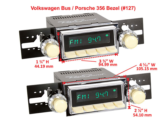 RetroSound Faceplate Bezel Chrome #127. Dimensions are approximate; knobs, accessories and radio not included.