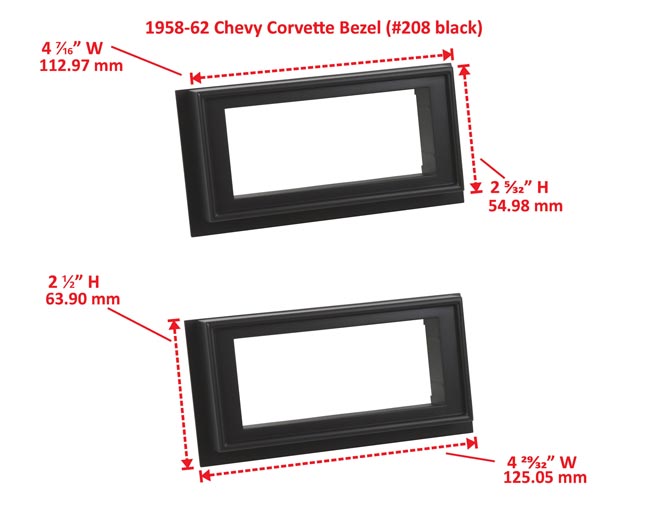 RetroSound Faceplate Bezel Black #208. Dimensions are approximate; knobs, accessories and radio not included.