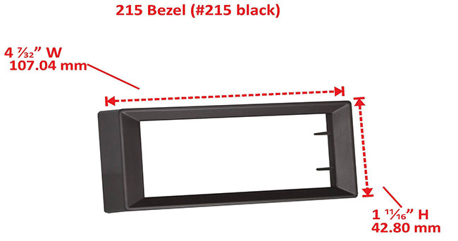 RetroSound Faceplate Bezel Black #215. Dimensions are approximate; knobs, accessories and radio not included.