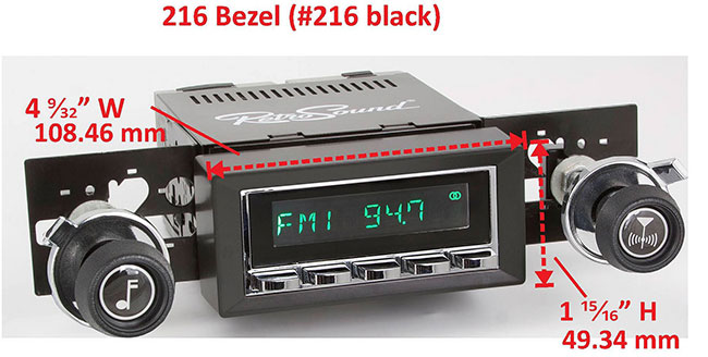 RetroSound Faceplate Bezel Black #216. Dimensions are approximate; knobs, accessories and radio not included.