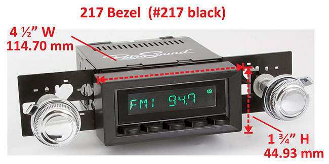 RetroSound Faceplate Bezel Black #217. Dimensions are approximate; knobs, accessories and radio not included.