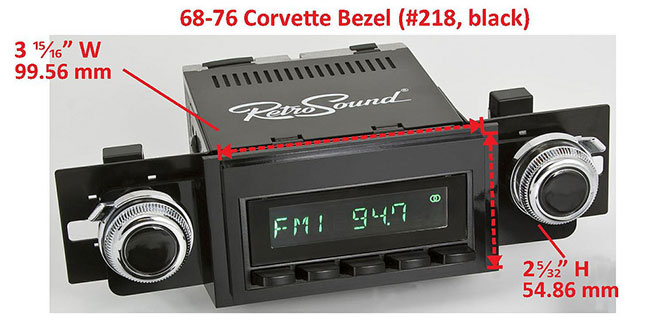 RetroSound Faceplate Bezel Black #218. Dimensions are approximate; knobs, accessories and radio not included.
