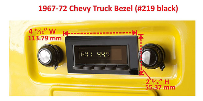 RetroSound Faceplate Bezel Black #219. Dimensions are approximate; knobs, accessories and radio not included.