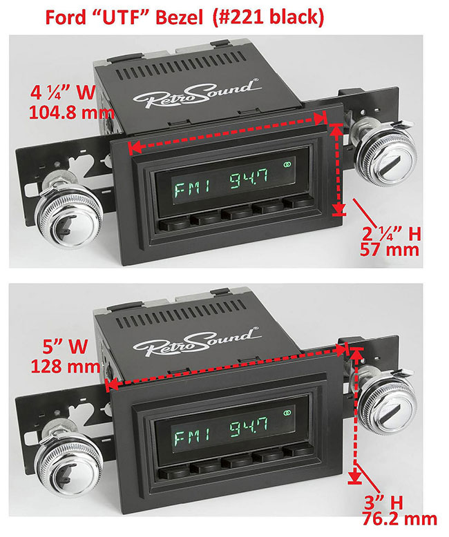 RetroSound Faceplate Bezel Black #221. Dimensions are approximate; knobs, accessories and radio not included.