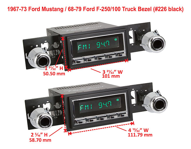 RetroSound Faceplate Bezel Black #226. Dimensions are approximate; knobs, accessories and radio not included.