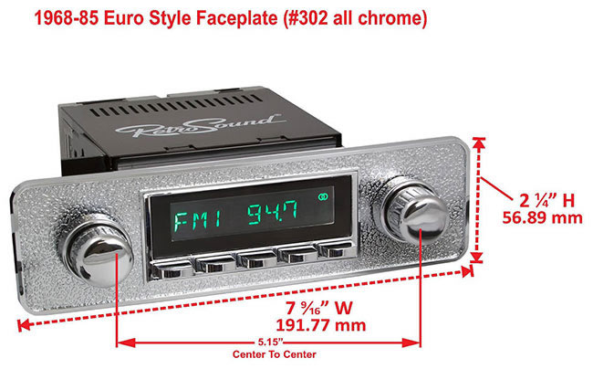 RetroSound Faceplate Bezel Chrome #302. Dimensions are approximate; knobs, accessories and radio not included.