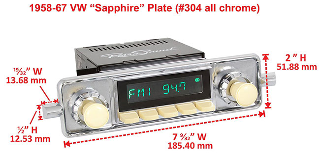 RetroSound Faceplate Bezel Chrome #304. Dimensions are approximate; knobs, accessories and radio not included.