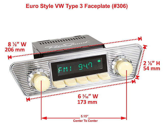 RetroSound Faceplate Bezel Chrome #306. Dimensions are approximate; knobs, accessories and radio not included.