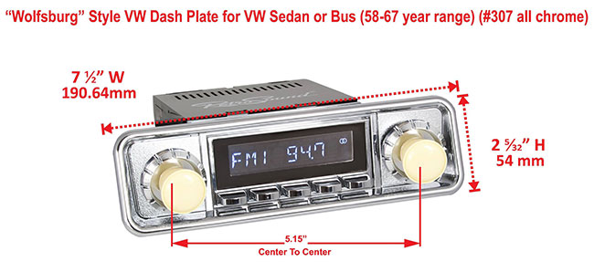 RetroSound Faceplate Bezel Chrome #307. Dimensions are approximate; knobs, accessories and radio not included.